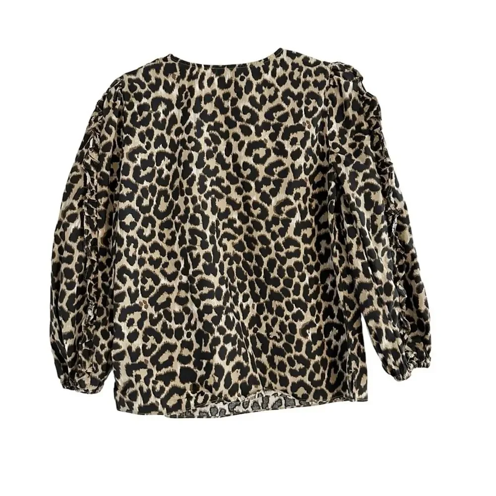 J crew Leopard Animal Print Ruffle Sleeve Top Shirt AS011 Extra Small XS Cotton